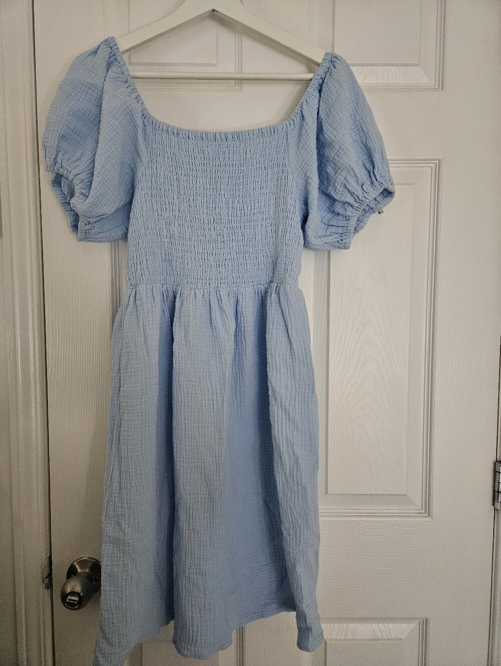 Rose Maternité 100% Cotton Dress Light Blue Puff Sleeve Smocked Midi Dress